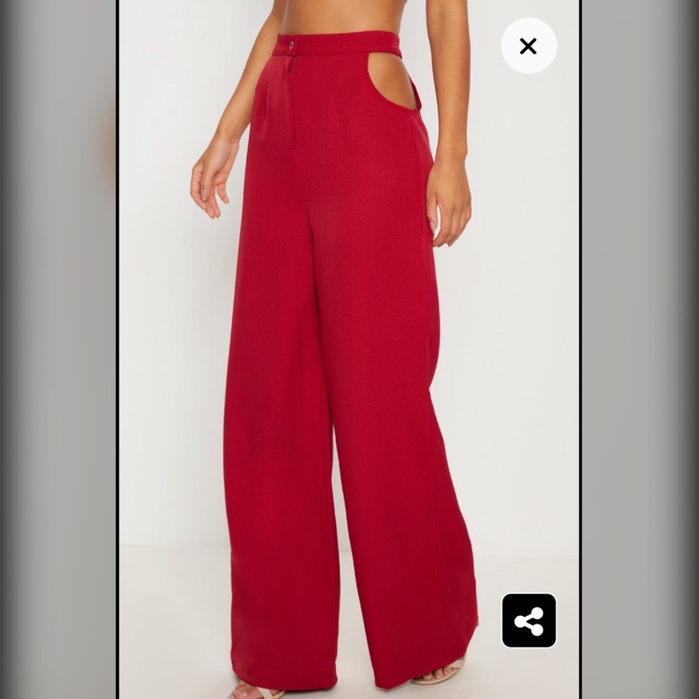 Red Cut Out Detail Wide Leg Dress Pants